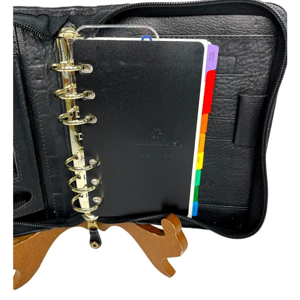 Franklin Covey Black Full Grain Nappa Leather USA Device Holder Zip Binder Tabs - Picture 7 of 15